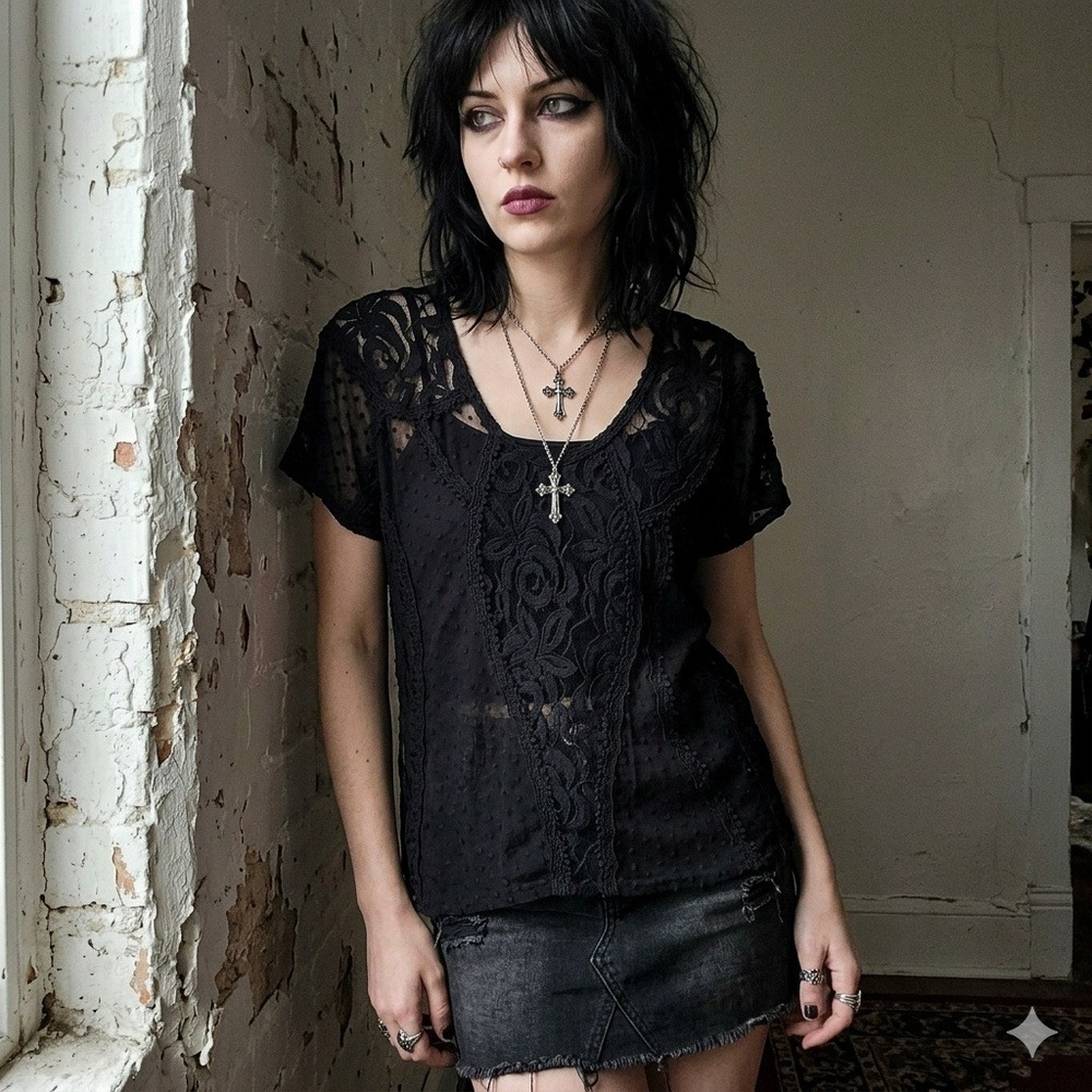 Beyond Vintage Top Women Large Black Lace Swiss Dot Sheer V-Neck Whimsigoth Boho